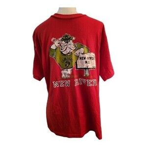 Vintage Single Stitch Red T-Shirt New River NC Marine Sarge Bulldog Size L USMC